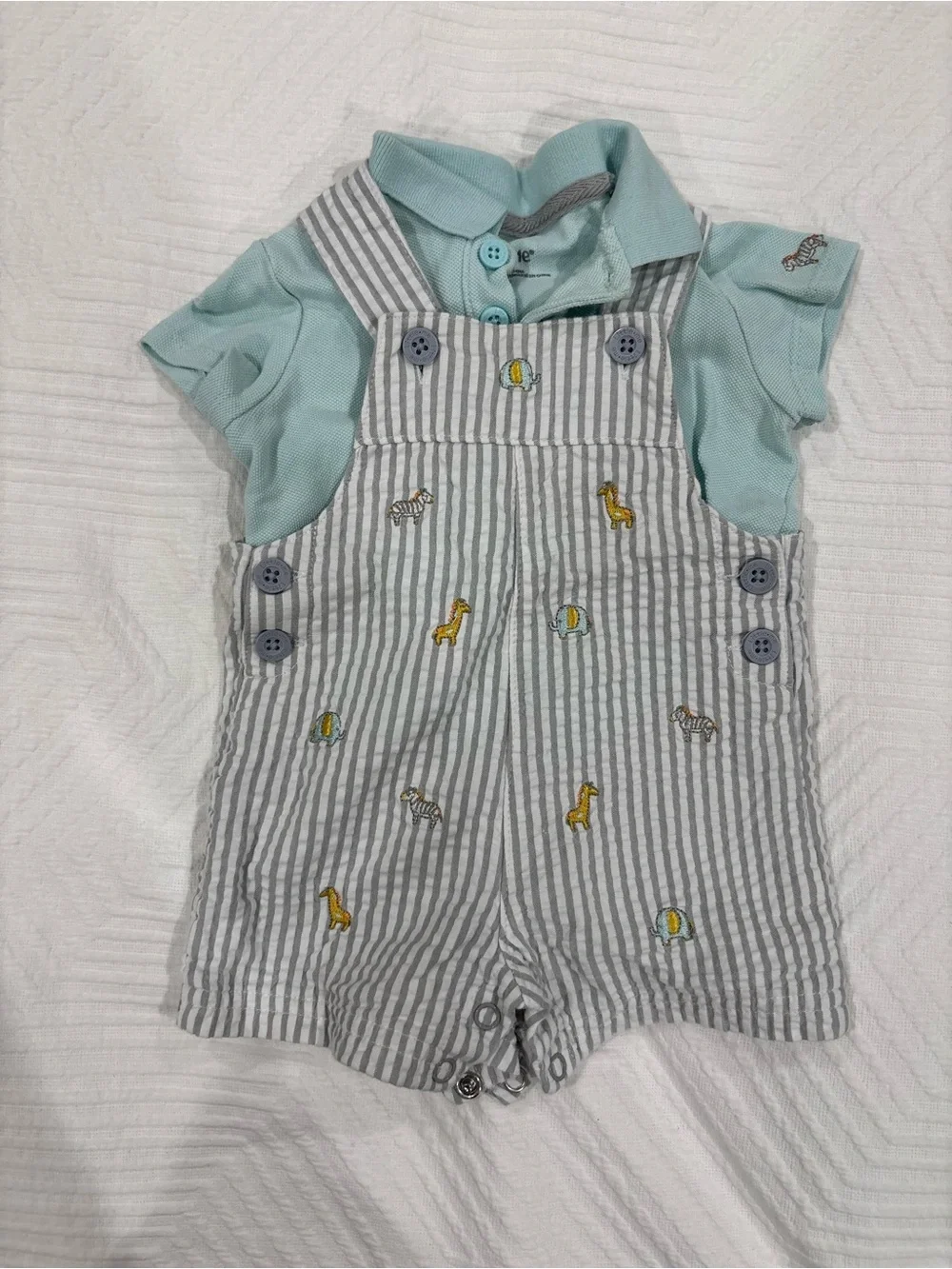 Little Me Baby Boys' Light Blue Polo with Gray Striped Overalls
